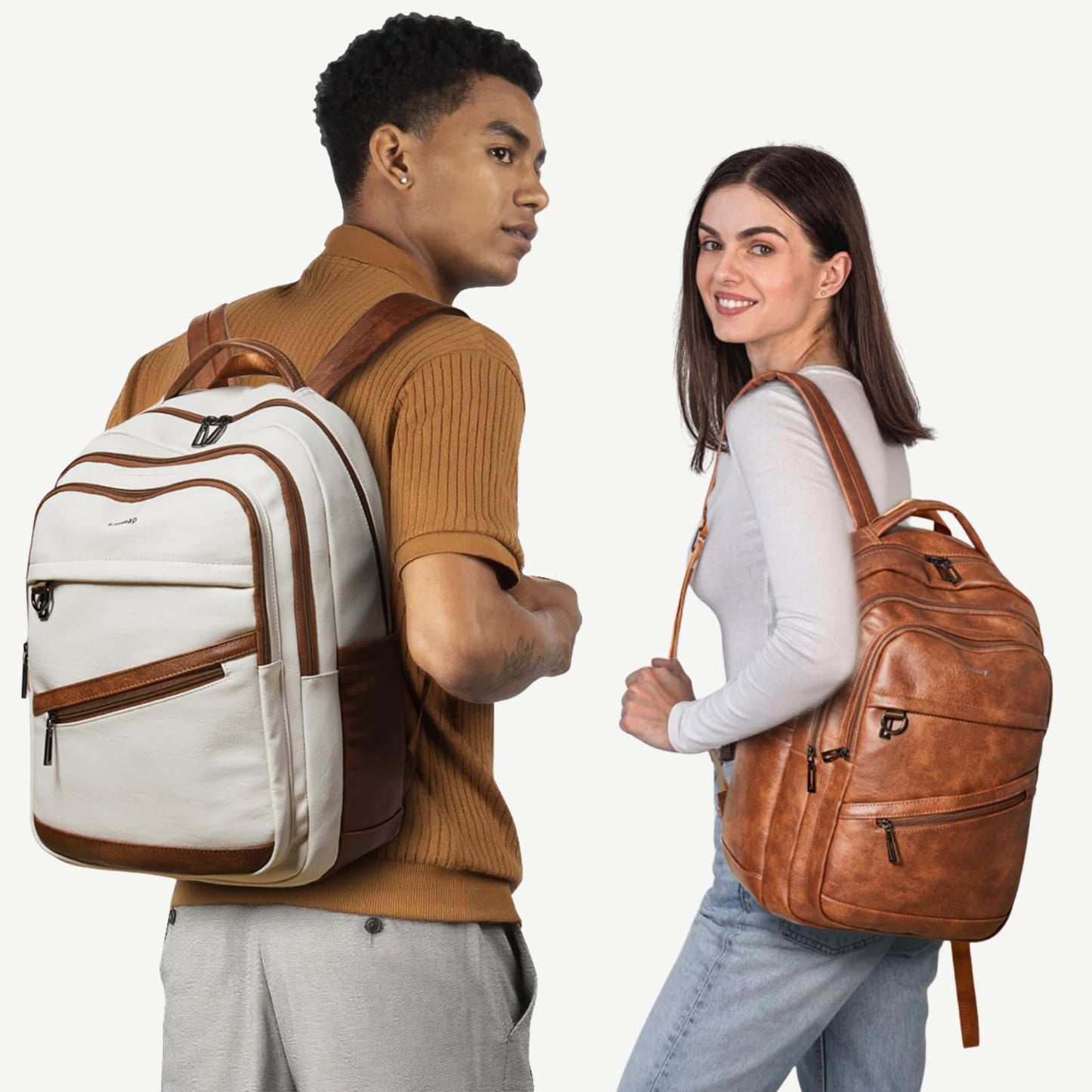 LATMAP 43L Backpack for Women Men - Vegan Leather Backpack Purse Travel Carry-on Bag College Bookbag Work fits 17" Laptop, Brown