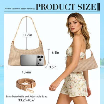 XquiziFit Beach Bags for Women Summer Straw Purse Boho Woven Shoulder Bag Crochet Purse Vacation Tote Handbag Khaki