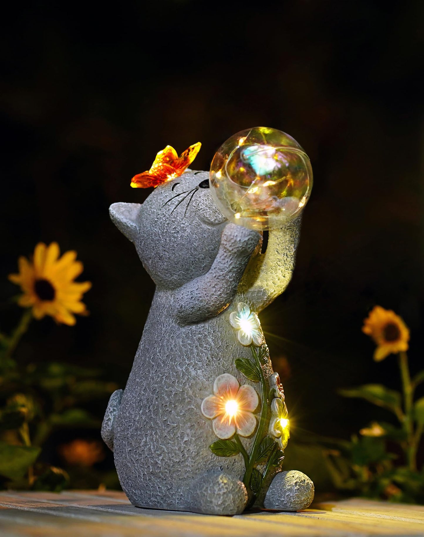 Goodeco Solar Cat Garden Statue - Outdoor Cat Decor with Solar Butterfly & Succulent Flowers LED Lights for Garden Enthusiasts - Ideal Gifts for Mom & Birthdays