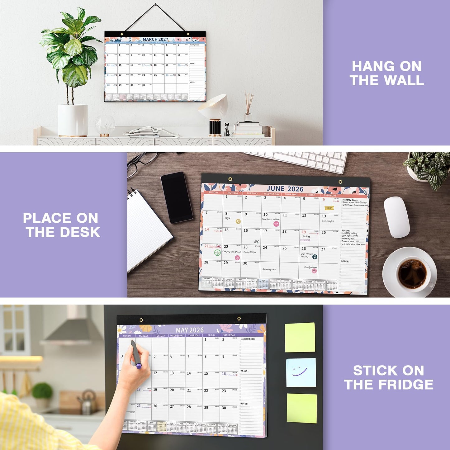 Ospelelf 2026-2027 Calendar Magnetic Desk Wall Desktop Monthly Planner from January 2026 - June 2027 Large To Do Pad with Plastic Cover for Office 17" X 12" Ditsy Floral
