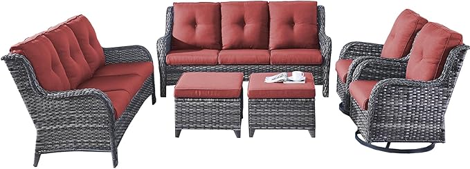 Rilyson Wicker Patio Furniture Set - 6 Piece Rattan Outdoor Sectional Conversation Sets with 2 Rocking Swivel Chairs,2 Ottomans and 2 Sofa for Porch Deck Garden(Mixed Grey/Red)