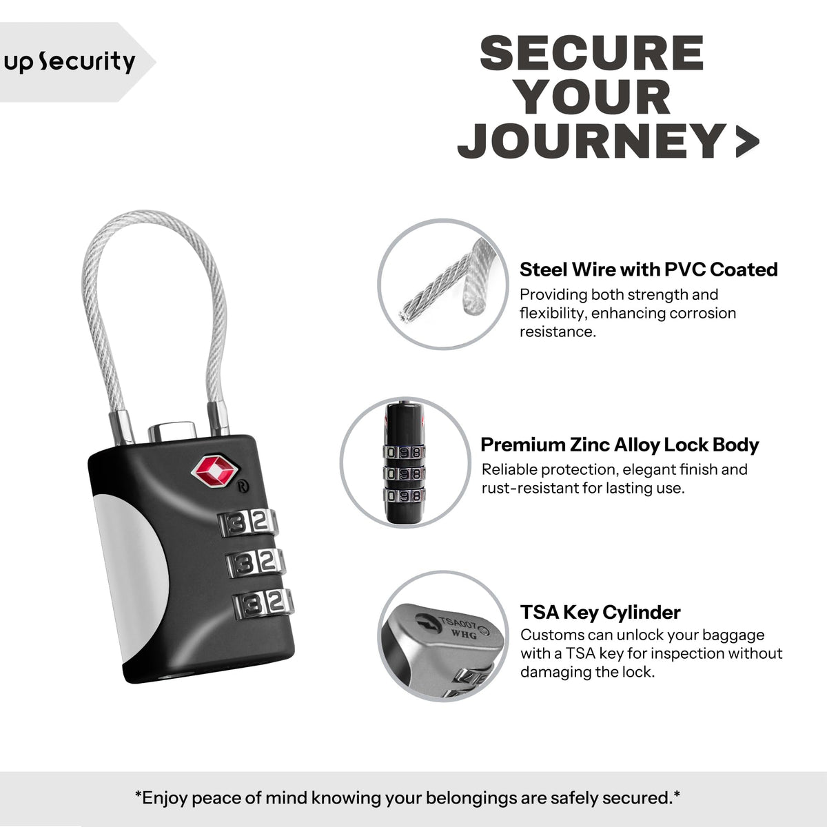 UP Security TSA Locks for Luggage, Small Combination Lock with Cable, Luggage Locks TSA Approved, Combo Lock for Suitcase, Cabinet, Gym Locker, Backpack, Small Padlock for Travel Essentials (Black)