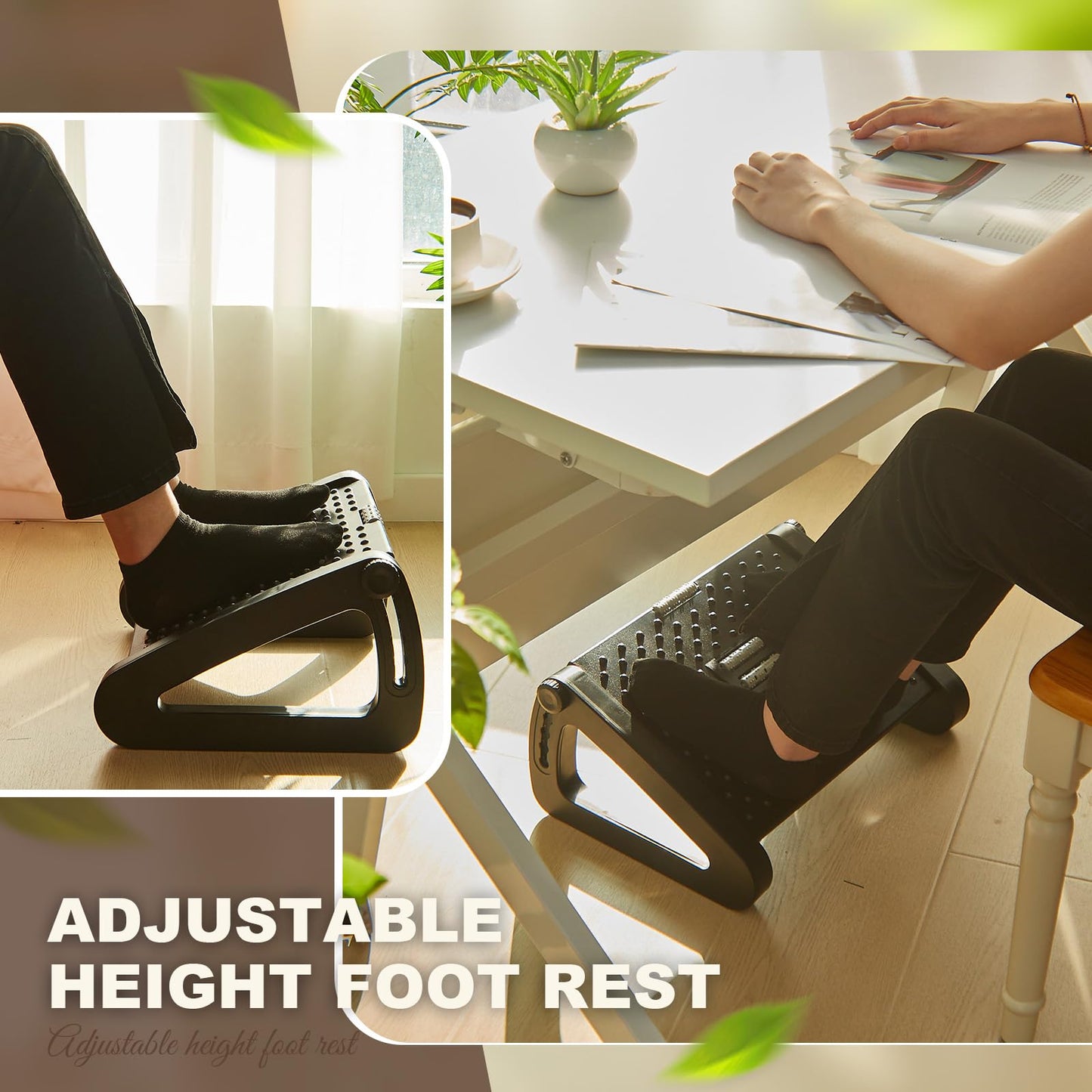 Beeveer 2 Pcs 6 Heights Adjustable Foot Rest for Under Desk at Work, Tilt Adjustable Footrest Ergonomic Foot Stool for Under Office Desks Chair Footrest for Leg Rests Home Pressure Relief(Black)