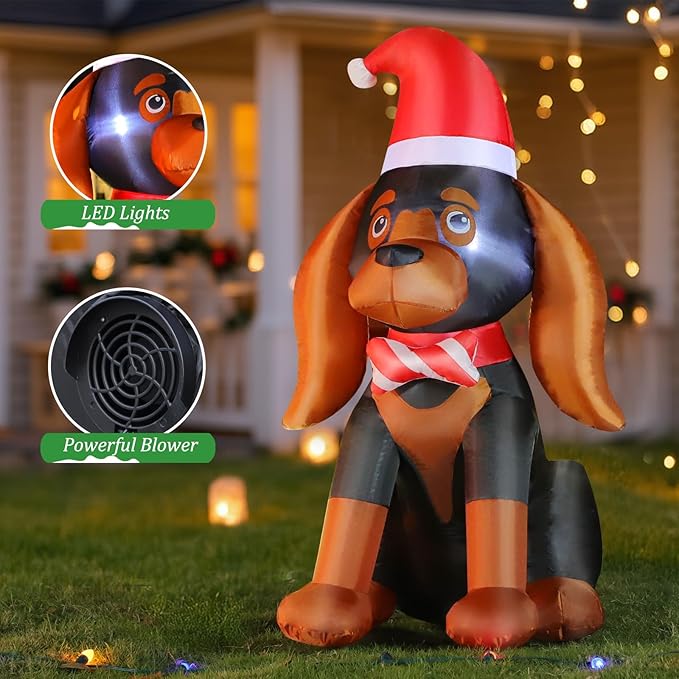FunFanso 4FT Christmas Inflatable Dog Decoration, Cute Blow Up Puppy Yard Decorations with Build-in LED, Xmas Dog with Santa Hat for Holiday Indoor Outdoor Yard Lawn Party Garden Home Decorations
