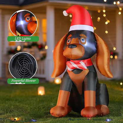 FunFanso 4FT Christmas Inflatable Dog Decoration, Cute Blow Up Puppy Yard Decorations with Build-in LED, Xmas Dog with Santa Hat for Holiday Indoor Outdoor Yard Lawn Party Garden Home Decorations