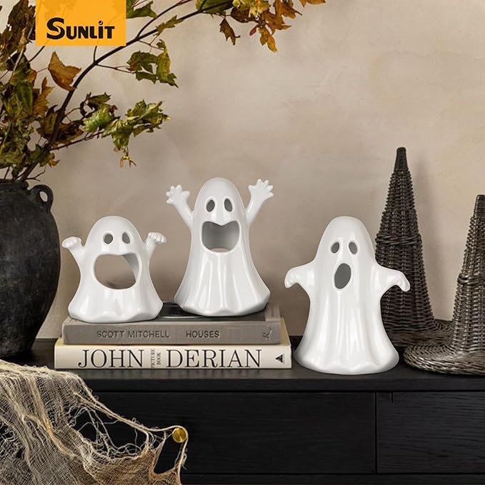 Sunlit Ceramic Ghost with 3 Tea Lights, Spooky Candle Holder Set of 3, Tabletop Indoor Halloween Decorations for Holiday Party Home, Spooky Sculptures Ghost Figurines, White