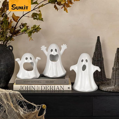 Sunlit Ceramic Ghost with 3 Tea Lights, Spooky Candle Holder Set of 3, Tabletop Indoor Halloween Decorations for Holiday Party Home, Spooky Sculptures Ghost Figurines, White