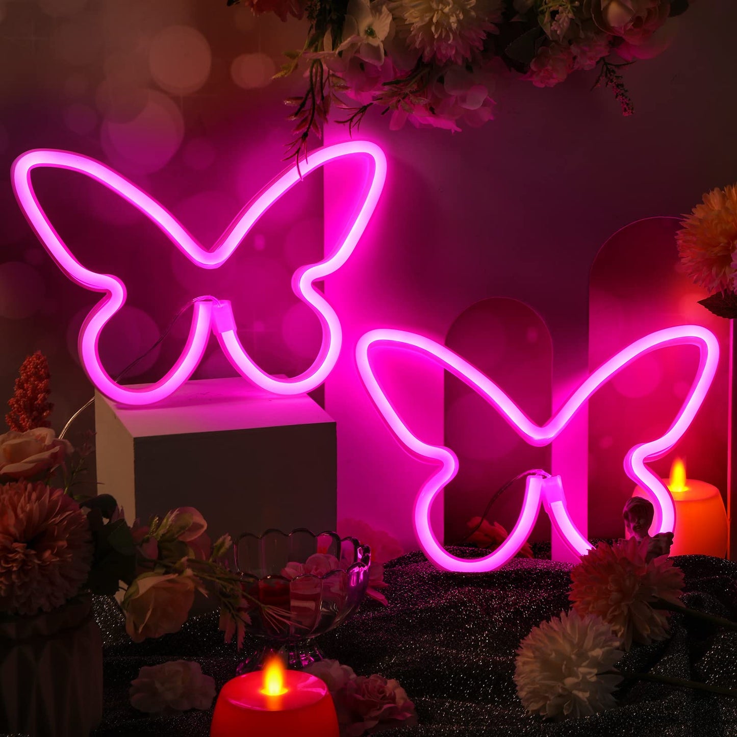 Riakrum 2 Pcs Butterfly Neon Signs LED Light 3AA Battery Powered USB Operated Wall Neon Light Decor Butterfly Wall Art for Christmas Home Bedroom Birthday Party Decor(Pink)