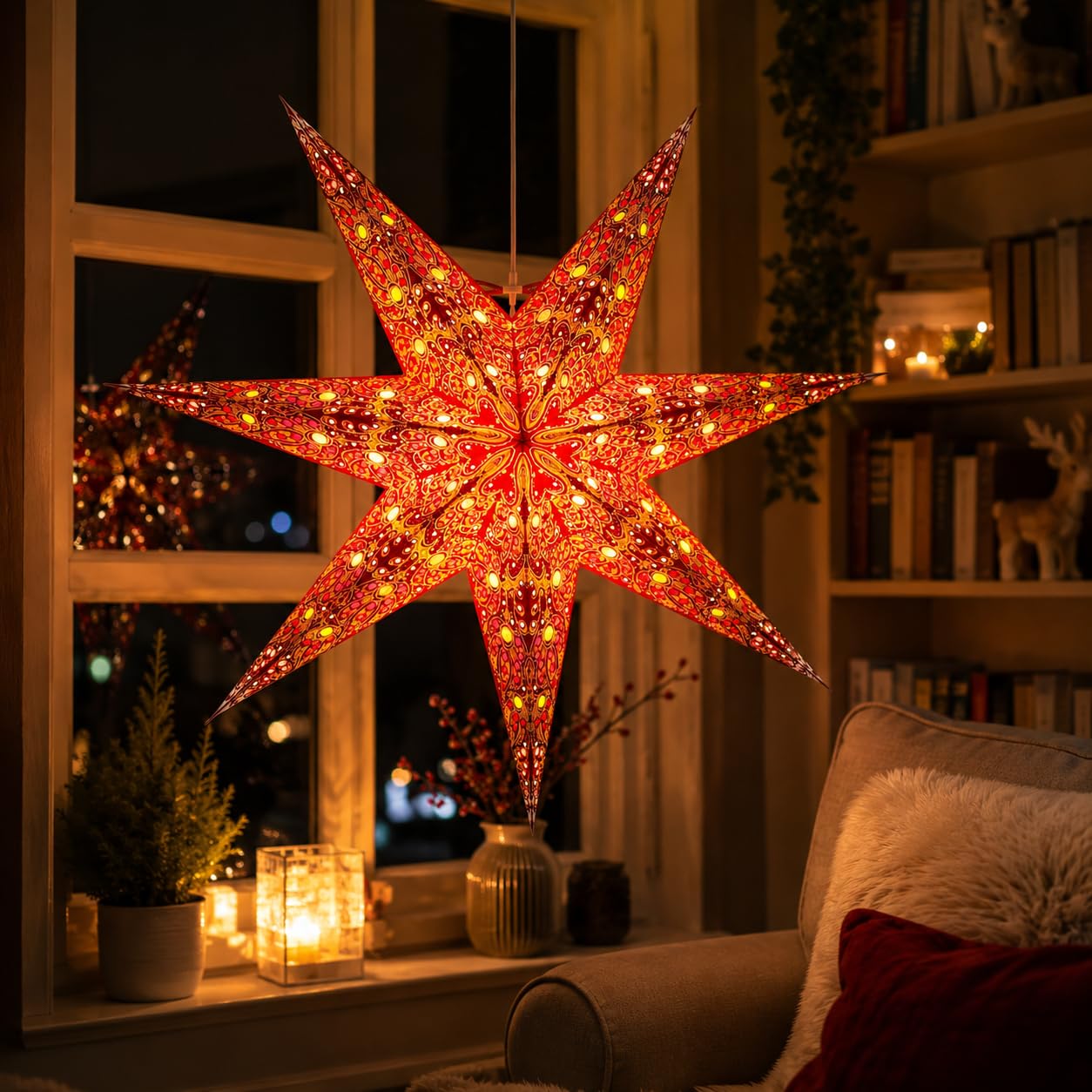 YEPSIO Lantern Lampshade Paper Star Light Shades Large 60cm Hanging Decorations for Christmas Wedding Home Decoration Birthday Party Foldable 7 Pointed Star (Bright Red, Yellow, Orange)