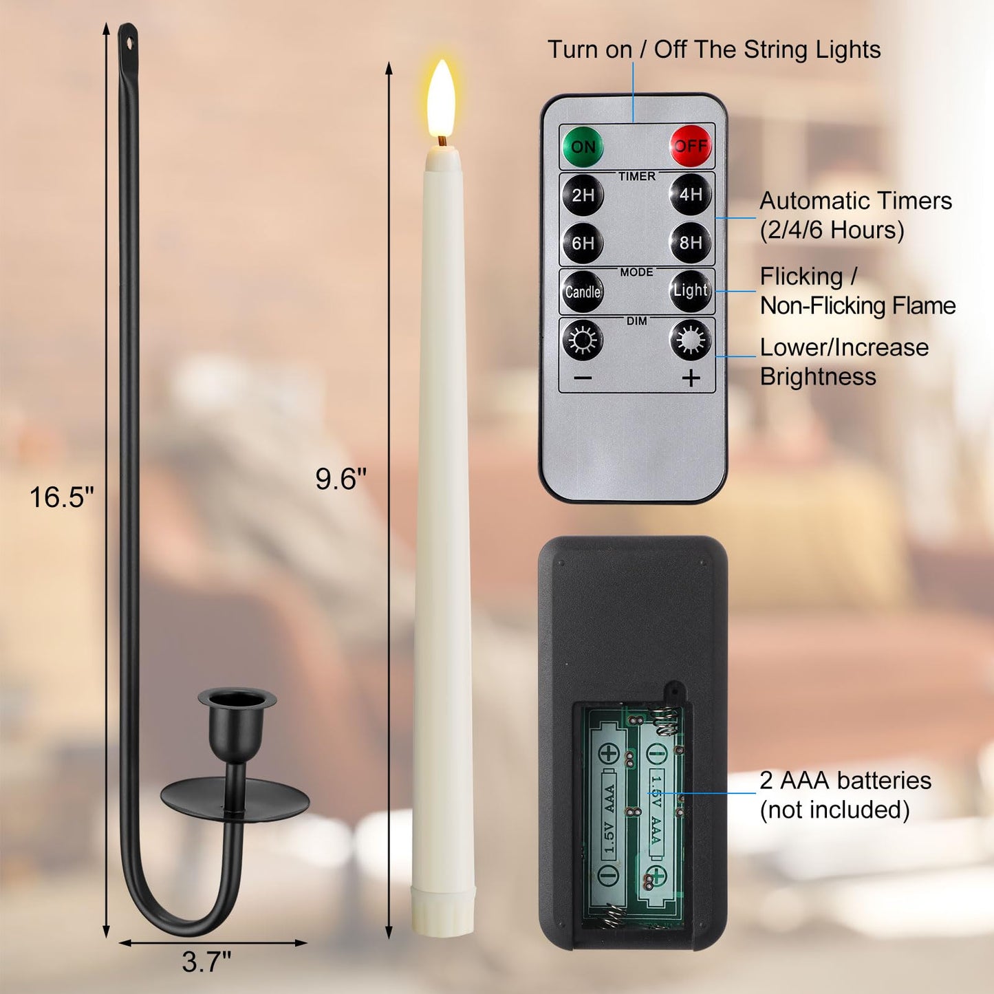 Tessco for you Metal Wall Mount Candle Sconces with 9.6" LED Flameless Taper Candles and Remote Timer 16.5" Wall Hanging Sconces Set for Living Room Fireplace Hallway Stairway(Black,2 Set)