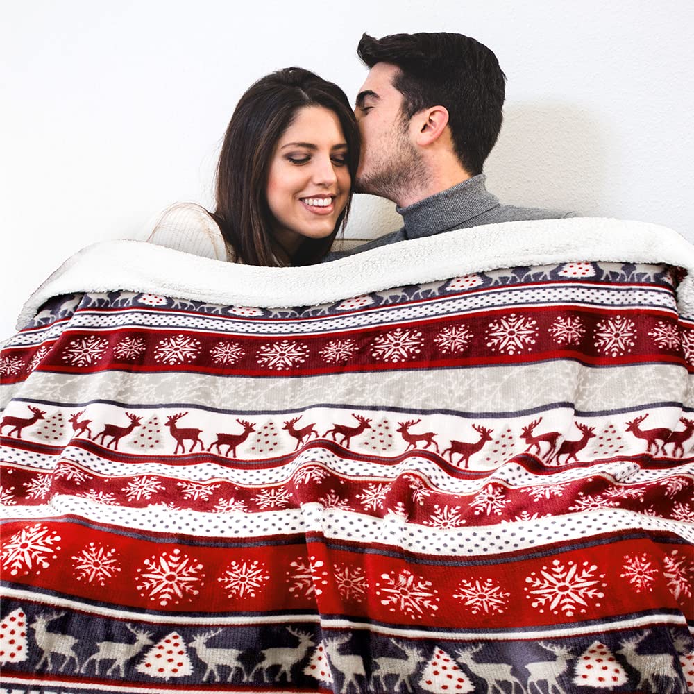 PAVILIA Christmas Sherpa Throw Blanket, Red & White Snowflake, Reindeer, Reversible Fleece & Sherpa Cozy Winter Blanket for Couch & Bed, 50x60, Christmas & Holiday Decor