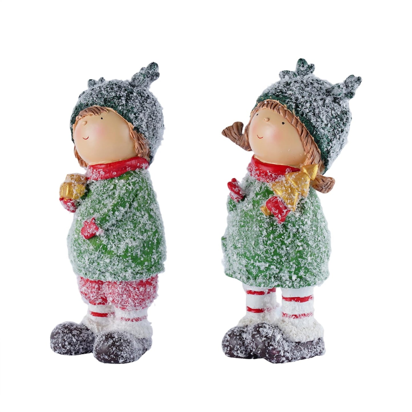 Brizoria Charming Winter Figurines Set of 2 Christmas Boy and Girl Statues Cute Kids Resin Holiday Figurines Winter Decorations Indoor for Home Mantel and Shelf Decor, 9"