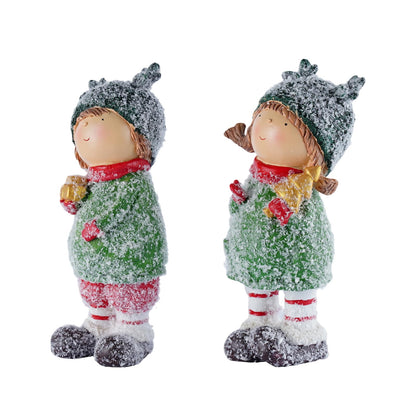 Brizoria Charming Winter Figurines Set of 2 Christmas Boy and Girl Statues Cute Kids Resin Holiday Figurines Winter Decorations Indoor for Home Mantel and Shelf Decor, 9"
