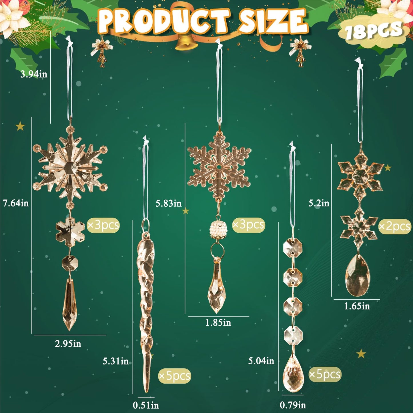 18pcs Crystal Christmas Ornaments for Christmas Tree Decorations-Champagne Hanging Acrylic Snowflake and Icicle Ornaments with Drop Pendants for New Year Party Decorations Supplies