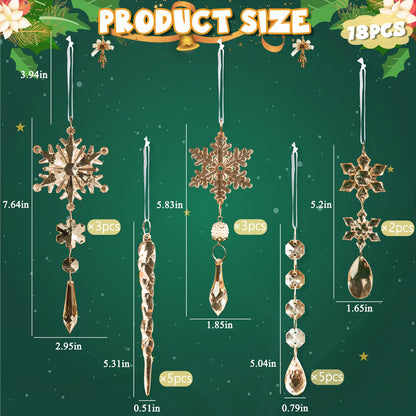 18pcs Crystal Christmas Ornaments for Christmas Tree Decorations-Champagne Hanging Acrylic Snowflake and Icicle Ornaments with Drop Pendants for New Year Party Decorations Supplies