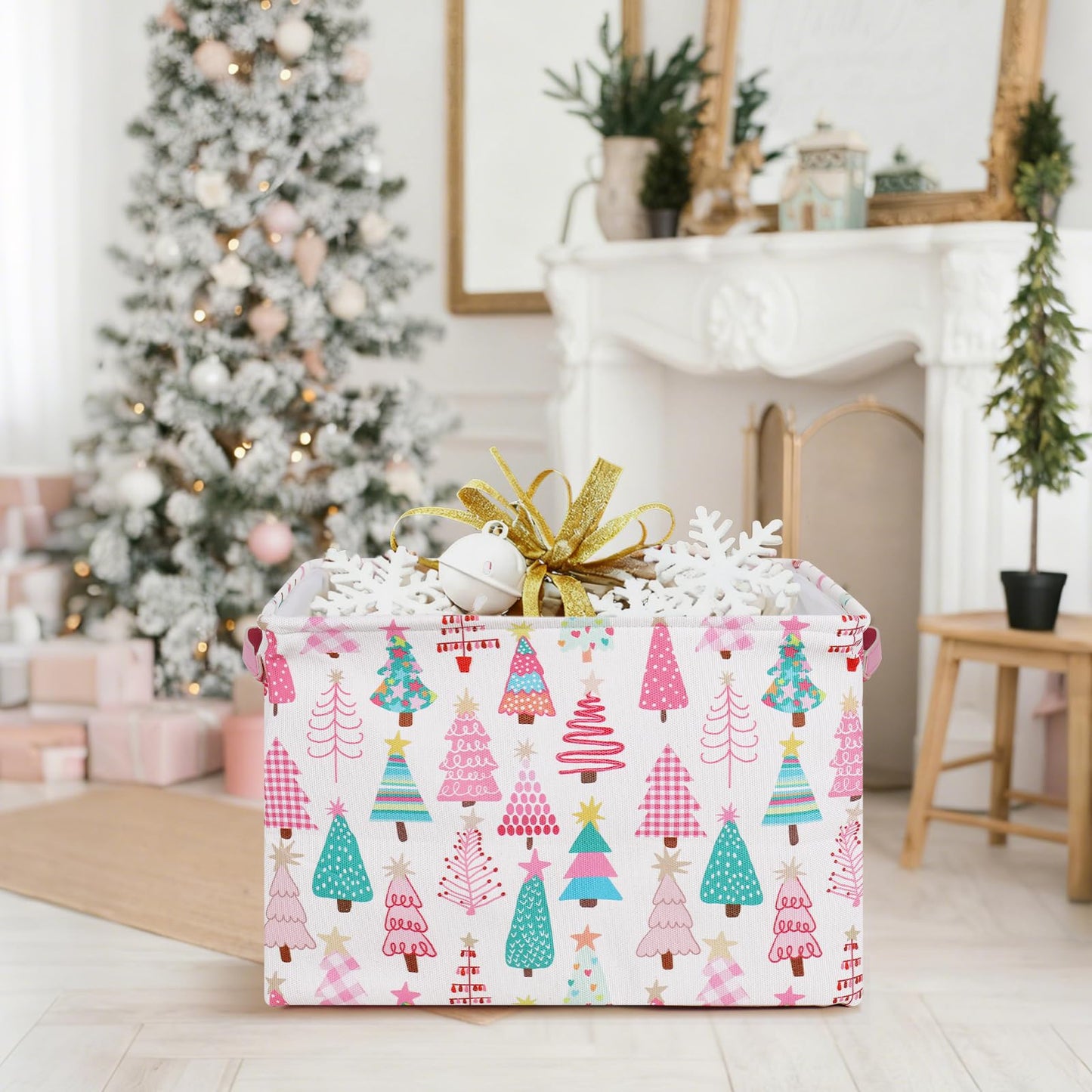 FYSUIMU 2 Pcs Christmas Storage Basket Pink Green Xmas Tree Storage Bins with Handles Rectangle Foldable Container Box for Home Office Nursery Laundry Shelf Closet Toy