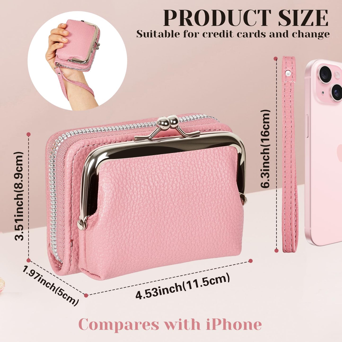 Women's RFID Blocking Wristlet Wallet - 2-in-1 Zip-Around with Coin Purse & Card Slots - Vegan Leather with Secure Clasp (Gift Ready)(Pink)