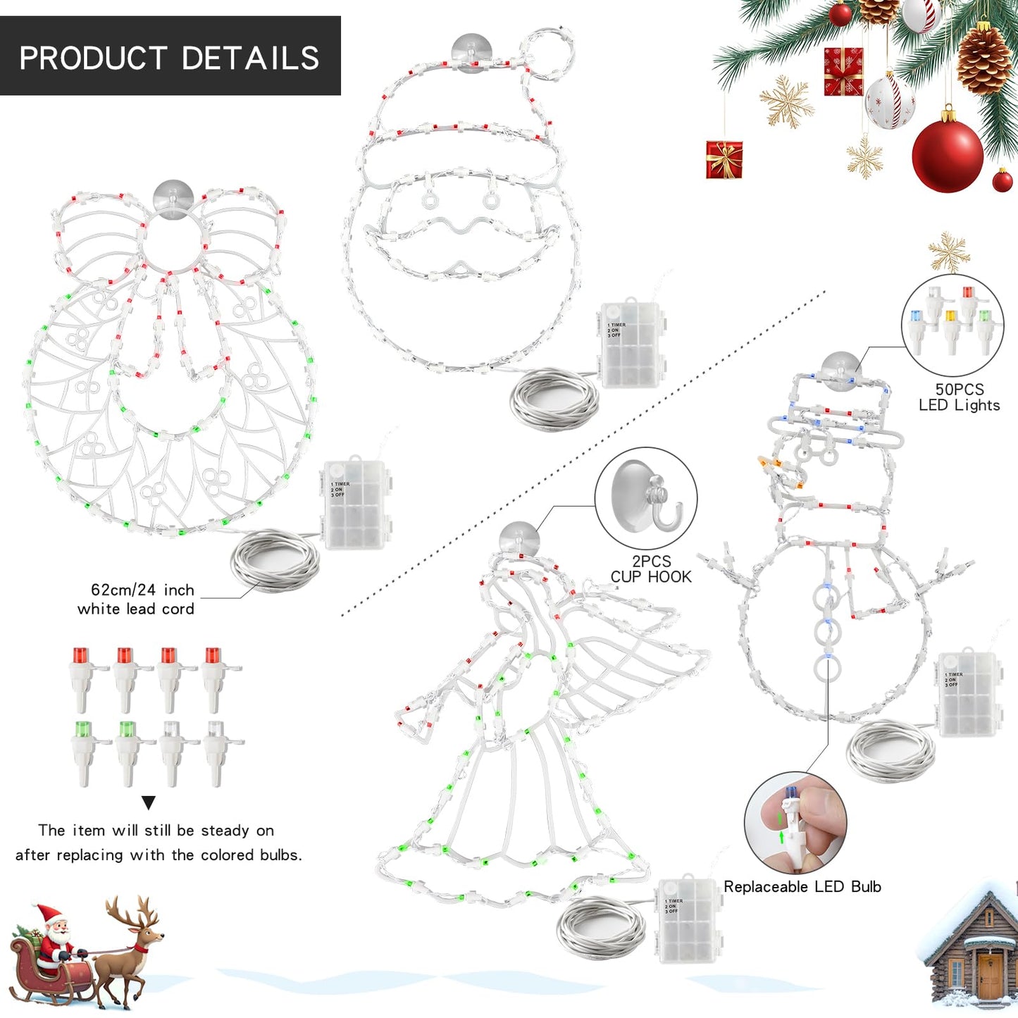 4 Pack Christmas Window Silhouette Lights Decorations, Santa Claus, Wreath, Angel, Snow Man Christmas Window Light with Battery Powered for Holiday Wall Door Window Decorations