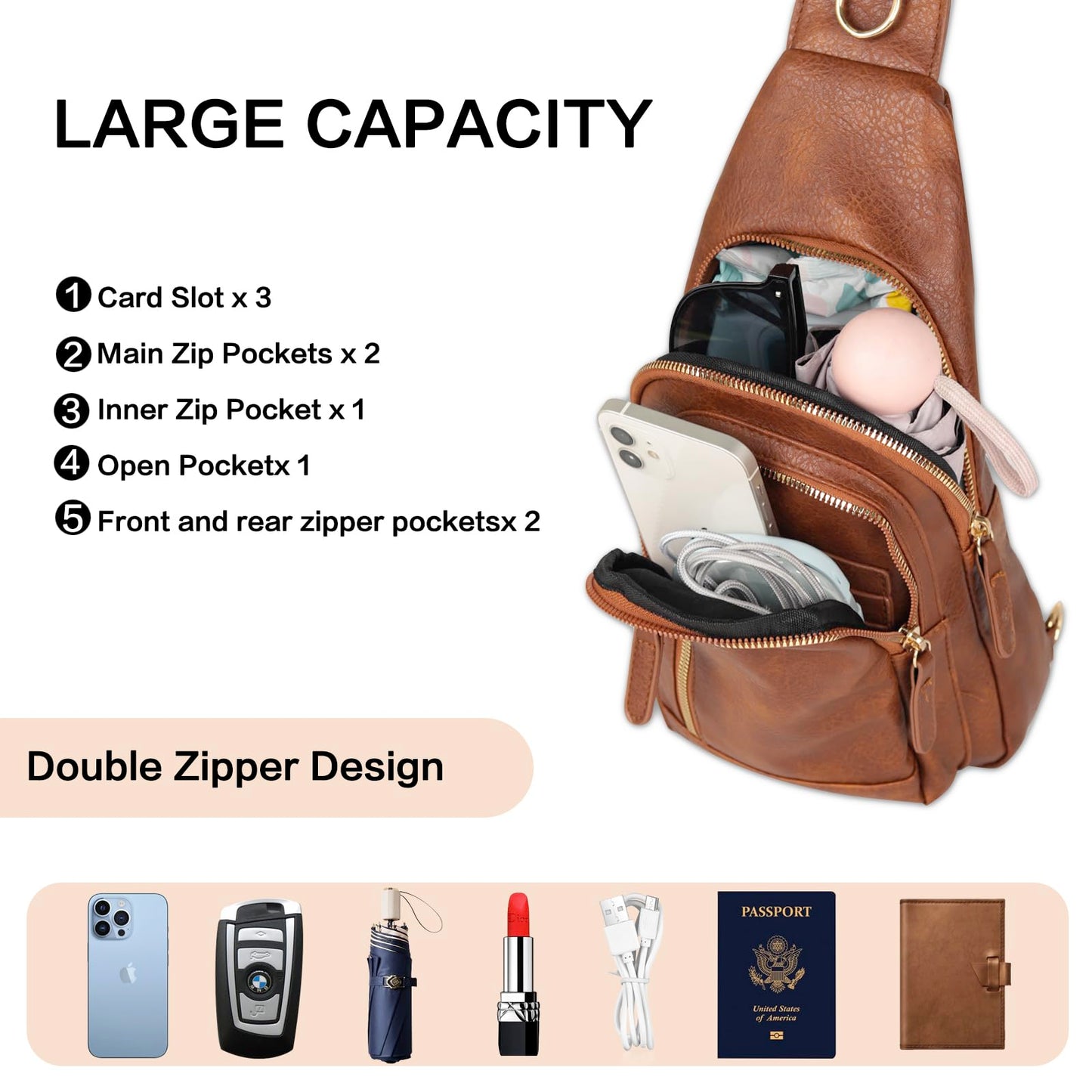 Relang Sling Bag for Women Crossbody, Leather Cross Body Fanny Packs for Women, Trendy Chest Bag for Travel and Daily Use