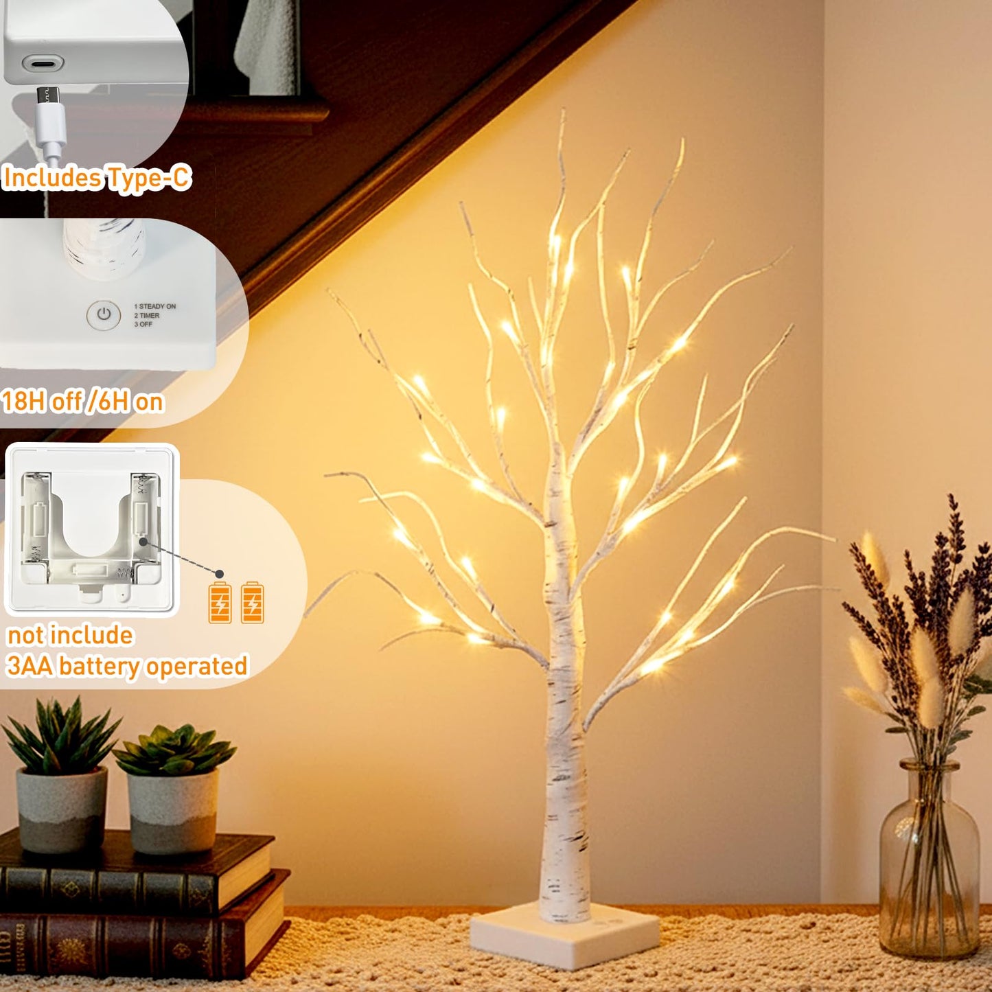 EAMBRITE Lighted Birch Tree Home Decor, Christmas Decorations Indoor 2Pack 24 LED Light Up Tabletop Mini Small Artificial White Trees Lamp with Lights Battery Operated/USB for Table Mantel (2FT)
