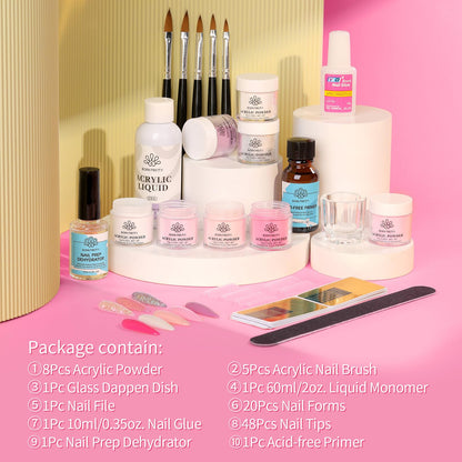 BORN PRETTY Acrylic Nail Kit - Acrylic Powder (Clear, White, Pink) & Liquid Set with Nail Forms, Brush Pen, File & Glass Container - Beginner Friendly