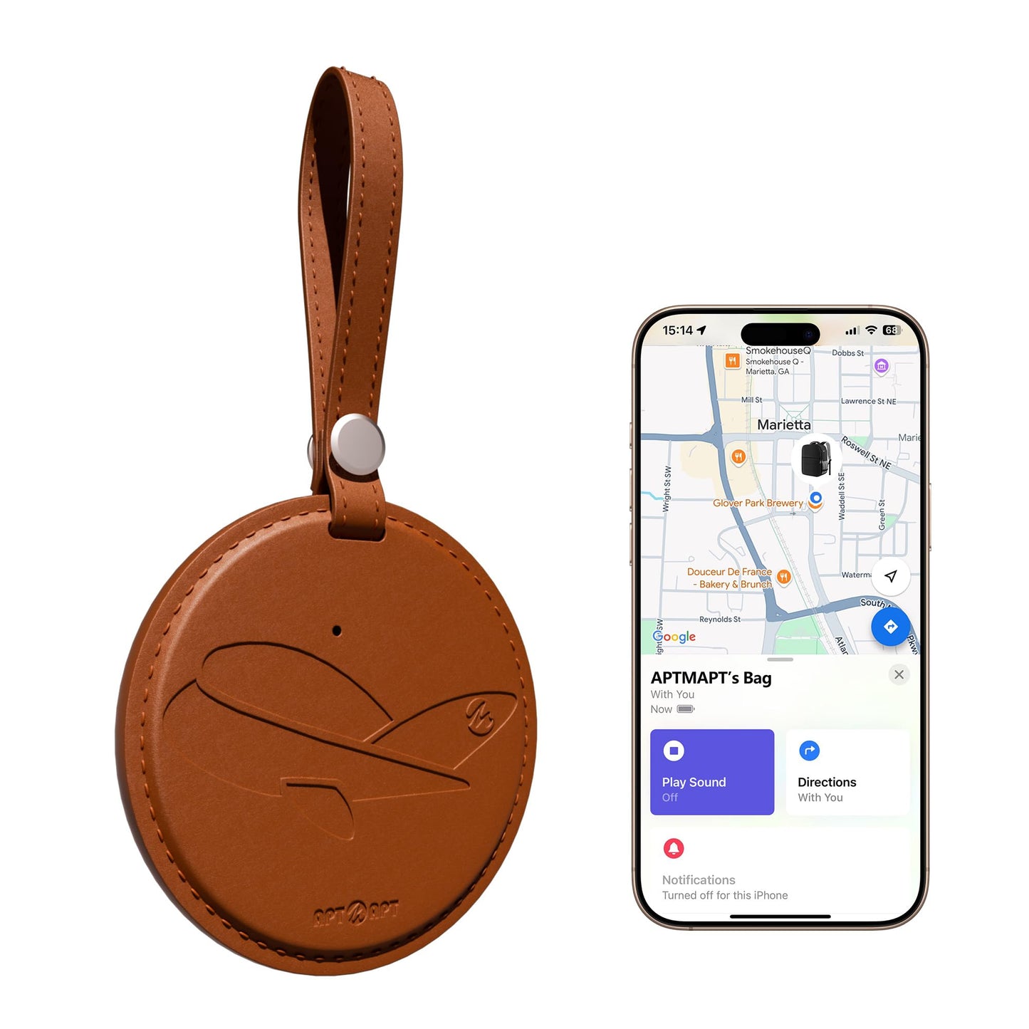 APTMAPT Smart Luggage Tag Works with Apple Find My, Premium Leather Suitcase Tracker with 2 ID Labels, TSA-Friendly, Anti-Lost Travel Essentials for Bags Backpacks, Wireless Charging, Brown