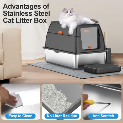 Stainless Steel Litter Box with Lid,Front Entry Top Exit Kitty LitterBox,Extra Large Enclosed Metal Cat Box with Litter Scoop & Litter Mat-Black