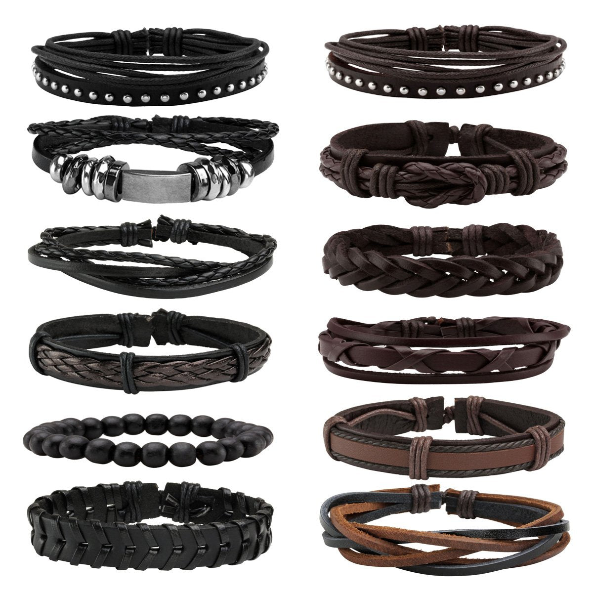 Eigso 12 Pcs Men's Braided Leather Bracelets Vintage Country Cowboy Bracelet for Man Brown Wood Wristband