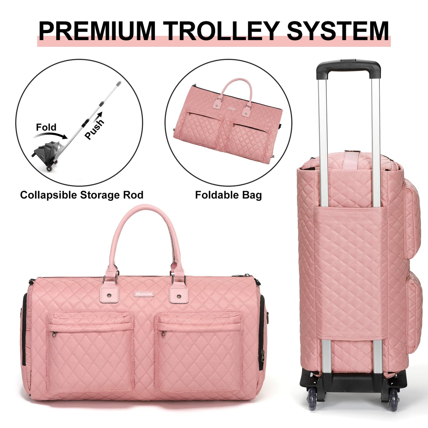 Modoker Rolling Garment Bag for Travel,Womens Convertible Garment Bags with Wheels, Luggage Suit Travel Bags,3 in 1 Carry On Wheeled Duffel Bag,Pink
