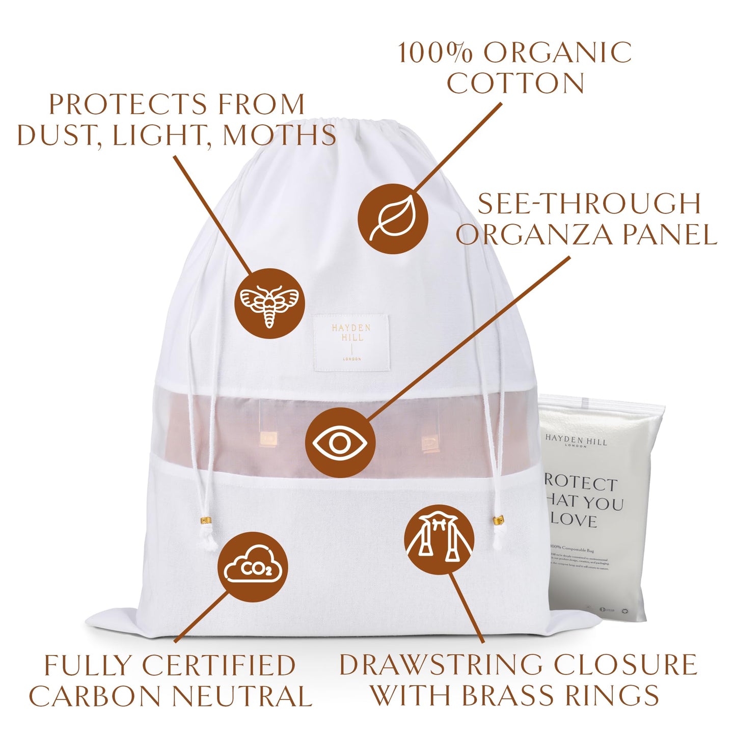 Hayden Hill Luxury Organic Cotton Dust Bags For Handbags - 3 Pack Small - 15" Purse Dust Bags, Shoes and Handbag Covers For Storage - Carbon Neutral Protector Dustbags