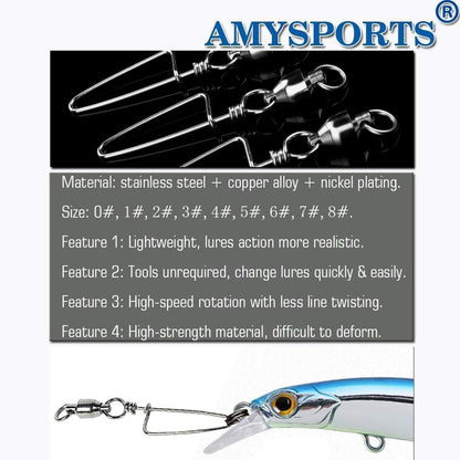 AMYSPORTS High Strength Ball Bearing Swivels - Stainless Saltwater Corrosion Resistance Barrel Swivel for Freshwater Fishing - 50pcs 180lbs