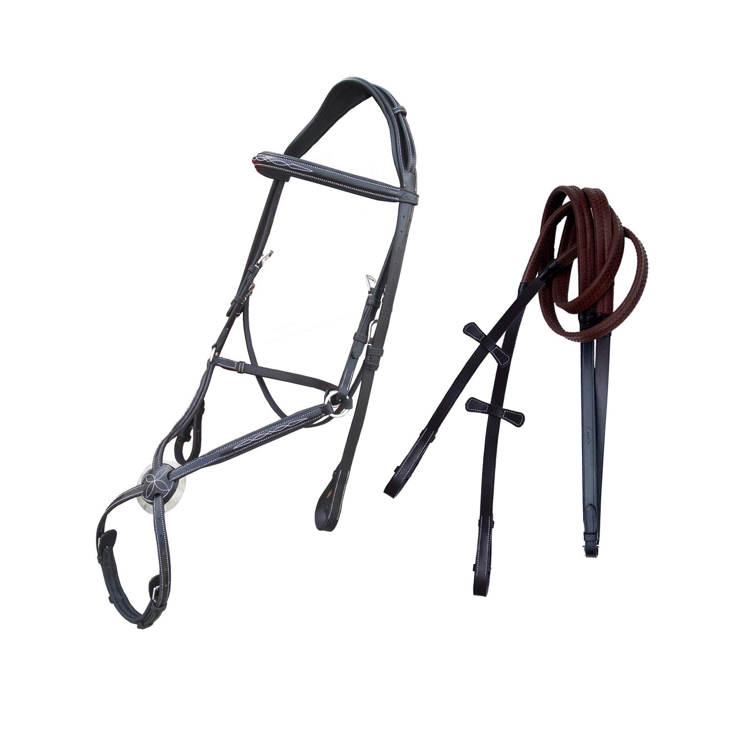 Exion Comfort Lined Anatomic Shape Mono Crown Piece Designer Fancy Stitched Perfect Square Raised Double Buckle Adjustable Figure 8 Noseband Jumping Bridle with Rubber Reins | Royal English Bridle
