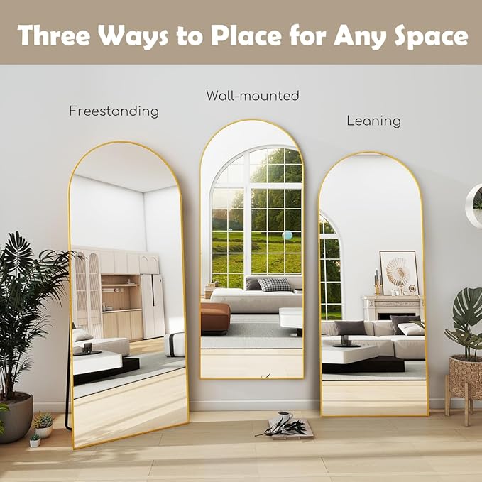 Arched Full Length Mirror, 64"x21" Free Standing Floor Mirror, Modern Full Body Mirrors with Stand, Wall Mirrors with Aluminum Alloy Frame for Bedroom,Living Room, Gold