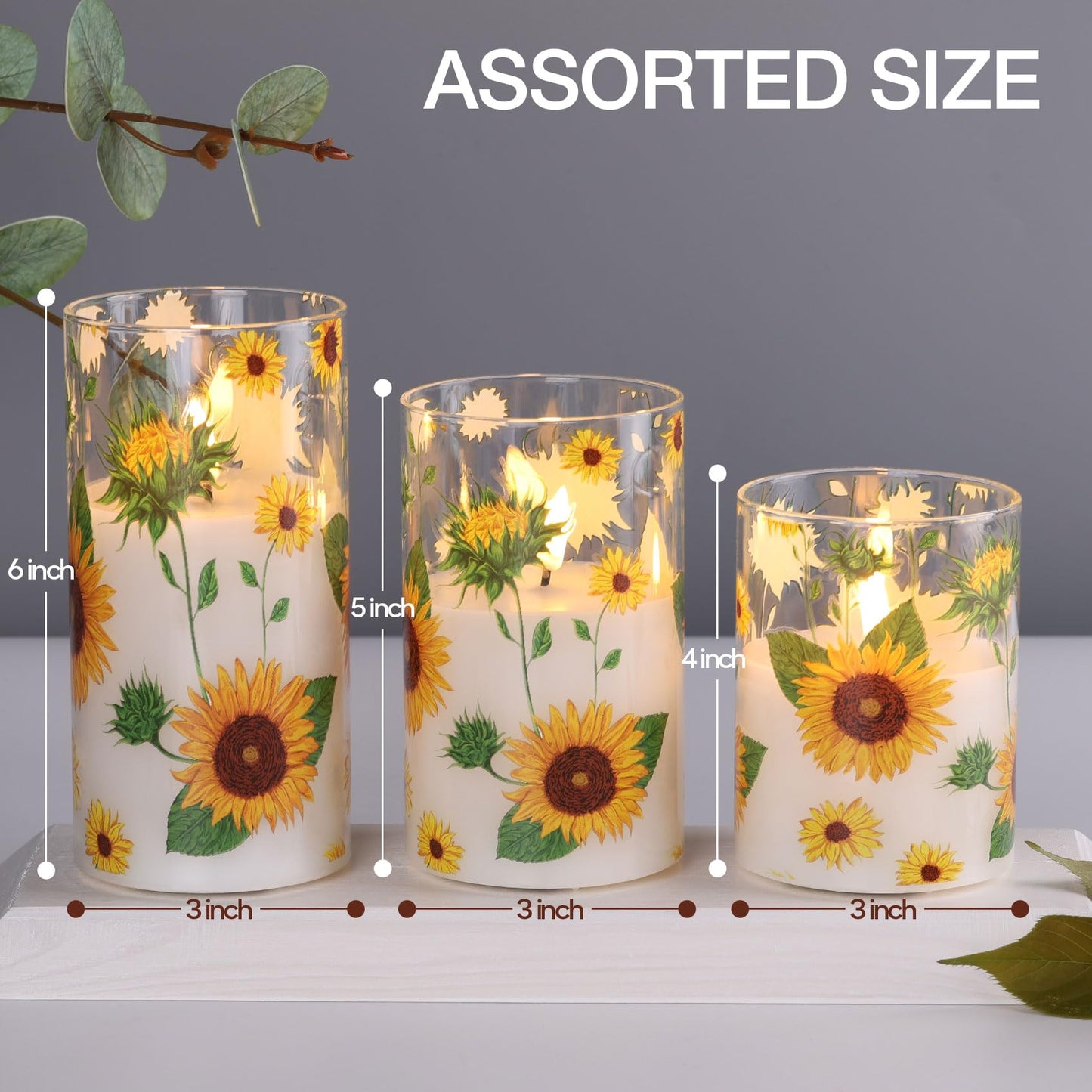 Girimax Sunflower Glass Flameless Pillar Candles with Remote, Flickering LED Battery Candles Summer Home Decor Set of 3