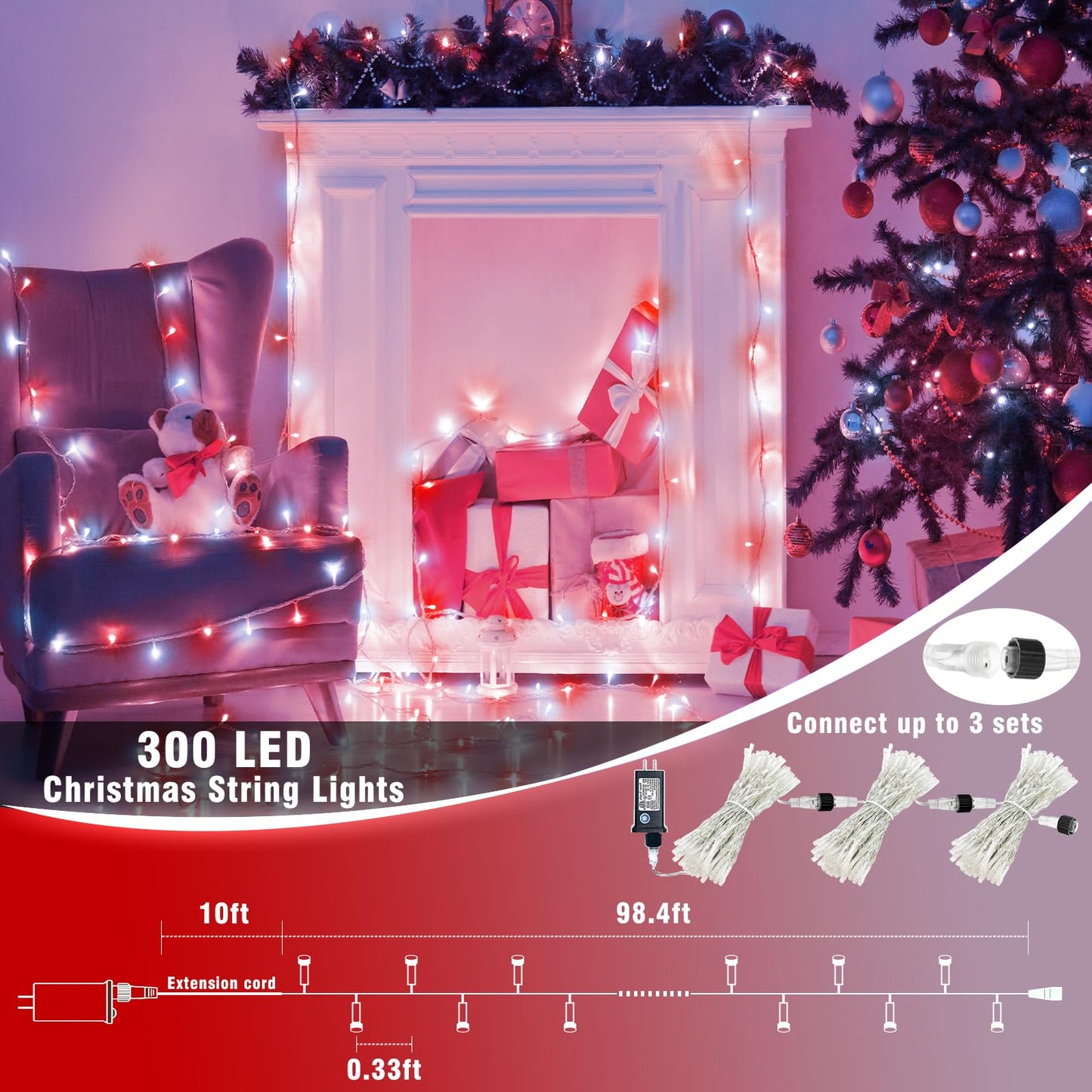 300 LED Christmas Lights Outdoor -100ft Extra Long Christmas String Lights 8 Modes Plug in Waterproof Fairy Lights with Timer Memory for Indoor Outside Bedroom Home Party Decoration, Red&White