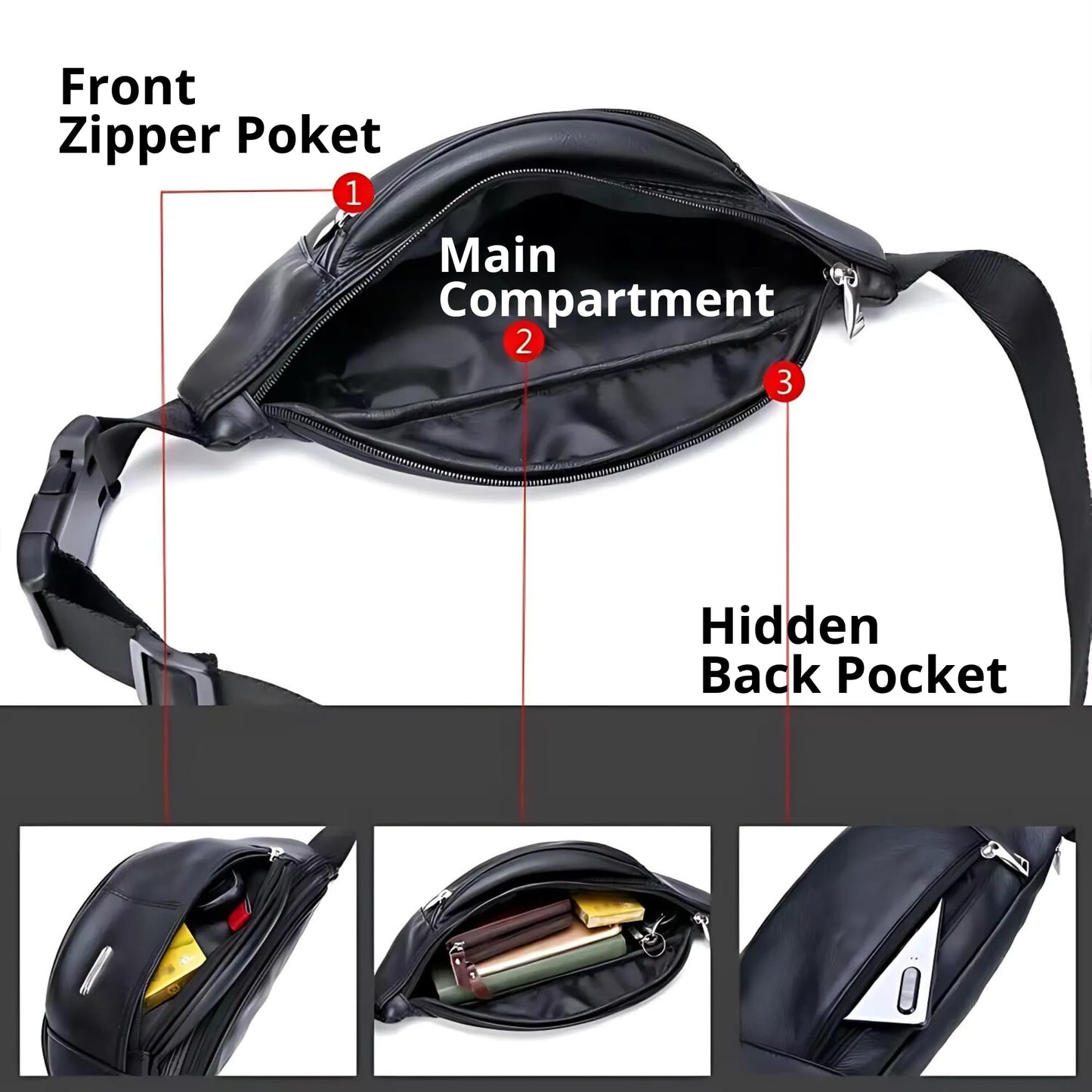 Genuine Leather Fanny Pack Bum Bag for Men – Crossbody Sling Waist Bag with 3 Pockets & Hidden Anti-Theft Pocket, Adjustable Strap, Lightweight Travel Hip Bag for Hiking, Outdoor & Daily Use (Oxblood)