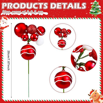 8 Pcs Red and White Christmas Tree Picks 7.87 Inch Christmas Balls Ornaments Xmas Hanging Decorations for Xmas Tree Topper DIY Wreath Holiday Floral Vase Fillers Crafts Home Decor