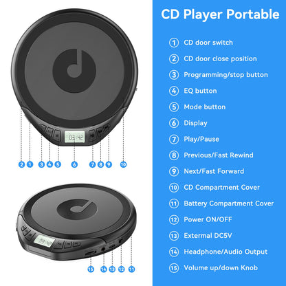 Portable CD Player with Headphones KOVCDVI CD Player Portable for Car with Anti-Skip & Shockproof,CD Discman with LCD Display,AUX Cable and Earphone for Sport Home Outdoor
