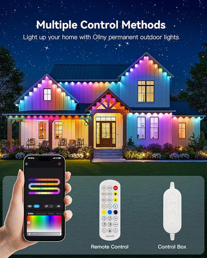 Ollny 50FT 30LED Permanent Outdoor Lights, APP Control RGB Outdoor Lights 100 Scene Modes with Remote, DIY Music Modes Christmas Light for Holiday Xmas Halloween Decorations