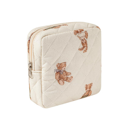 Small Quilted Cotton Makeup Bag for Purse, Cosmetic Bag with Compartments, Cotton Aesthetic Makeup Bag, Travel Toiletry Pouch, Key Pocket Lipstick Bag Card Holder Data Cable Organizer（01White Bear）