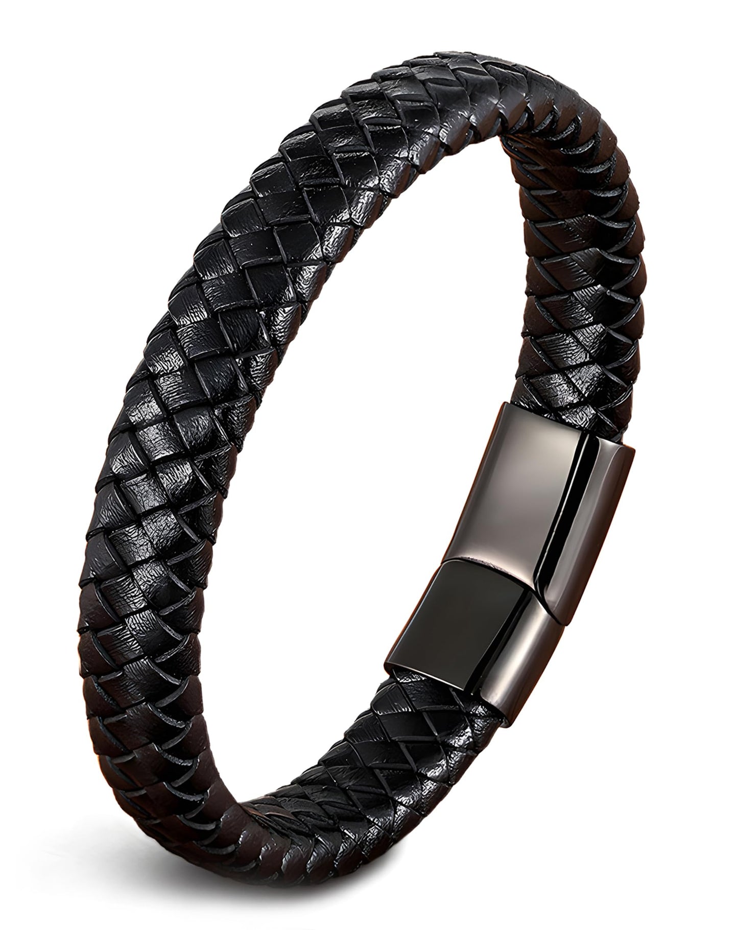Deerllia Leather Bracelet for Men, Braided Cuff with Stainless Steel Clasp Stacked Multi Style Color Anniversary Father's Day Birthday Christmas Jewelry Gifts for Him, Black Clasp Black Leather
