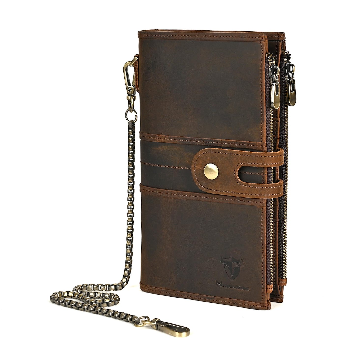 Handadsume Genuine Crazy Horse Leather Travel Gift Coin Pocket Card Case Long Organizer Chain Rfid Wallet Purse With Snap For Men Male 1803 1815 (1815 Brown)