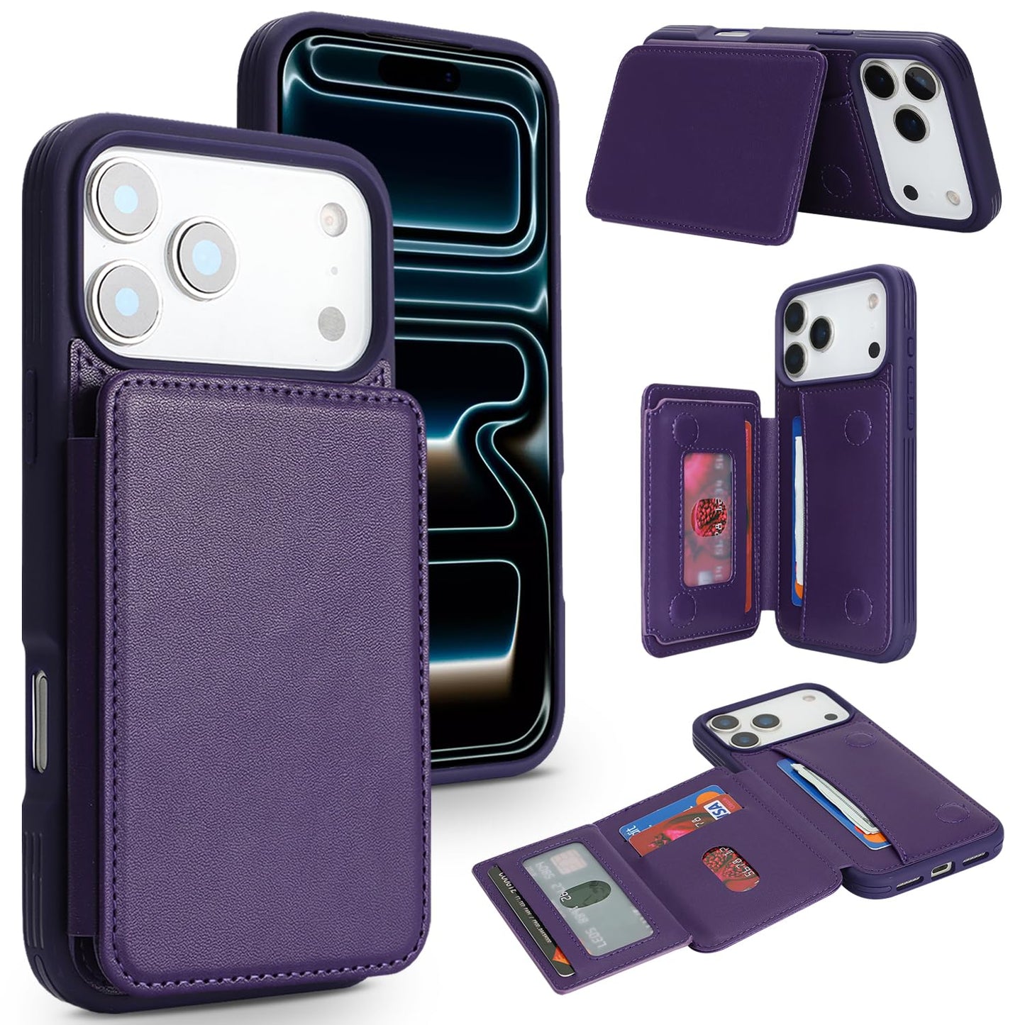 Cavor Compatible with iPhone 17 Pro Wallet Case with Card Holder, Credit Slots Kickstand Stand Phone Case for Women Men, PU Leather Protective Case-Purple