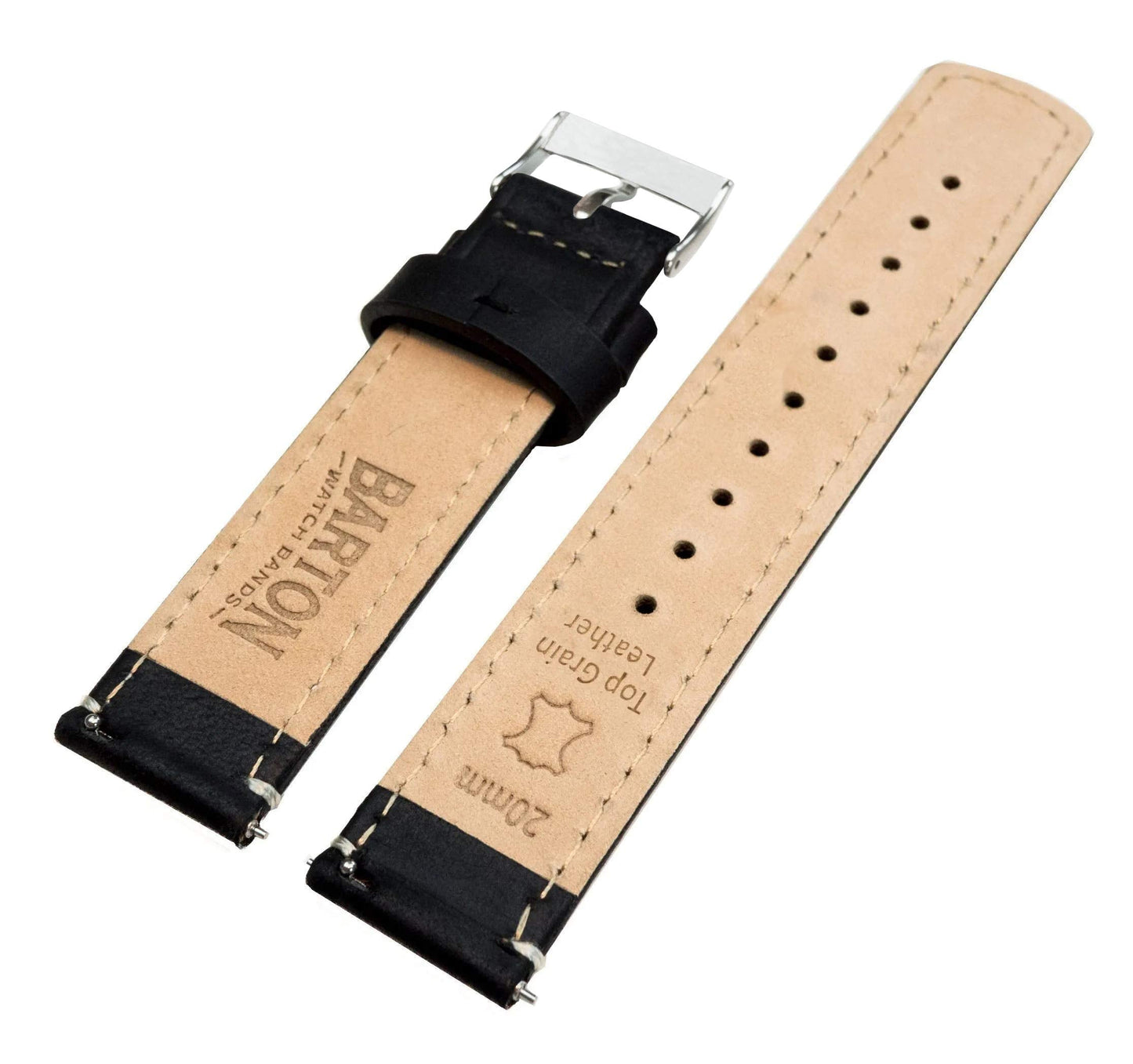 BARTON WATCH BANDS Quick Release Top Grain Leather Watch Band Strap, Black Leather/Linen White Stitching, 18mm