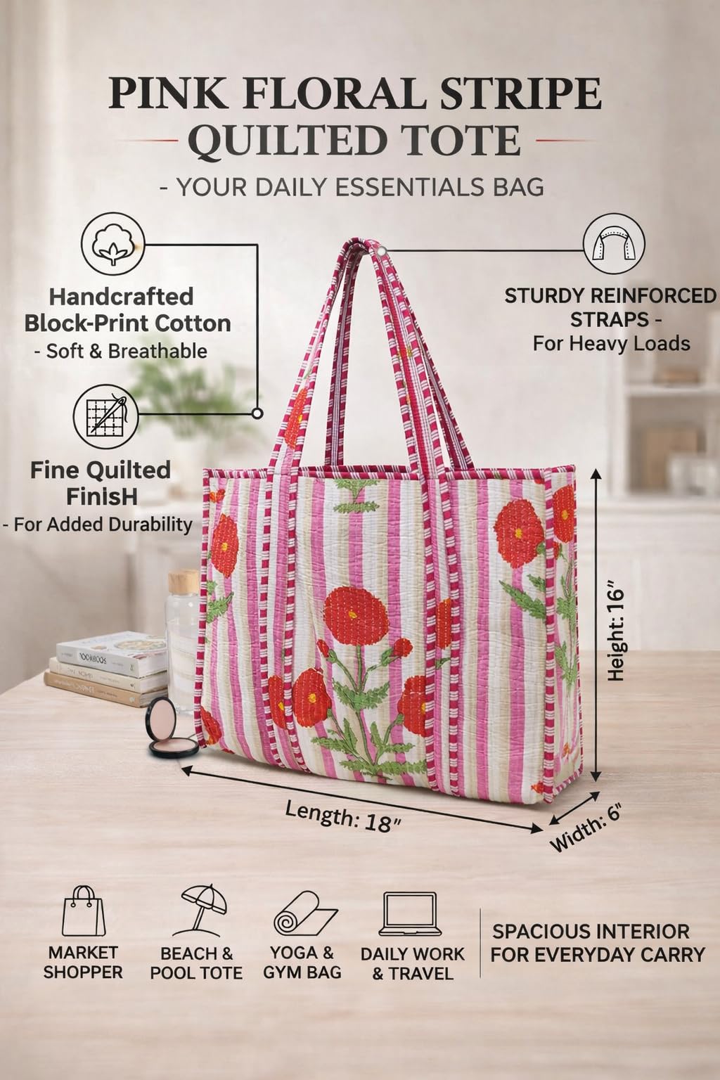 Floral Cotton Tiger Block Print Tote Bag, Indian Handmade Shopping Shoulder Beach Bag, Unisex Market Daily Use (1, 38)