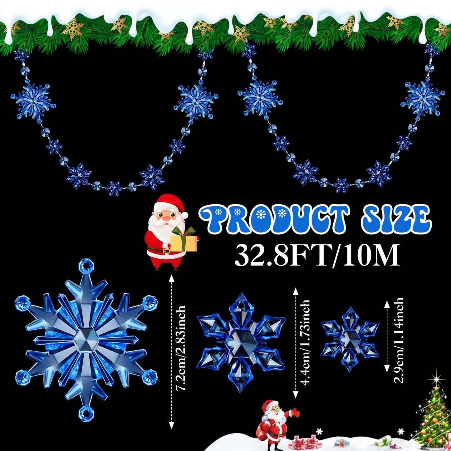 Lewtemi 32.8 Feet Acrylic Snowflake Garland Christmas Ornament Hanging Snow Flake Streamers for Winter Birthday Party Decorations Supplies Xmas Tree (Blue)