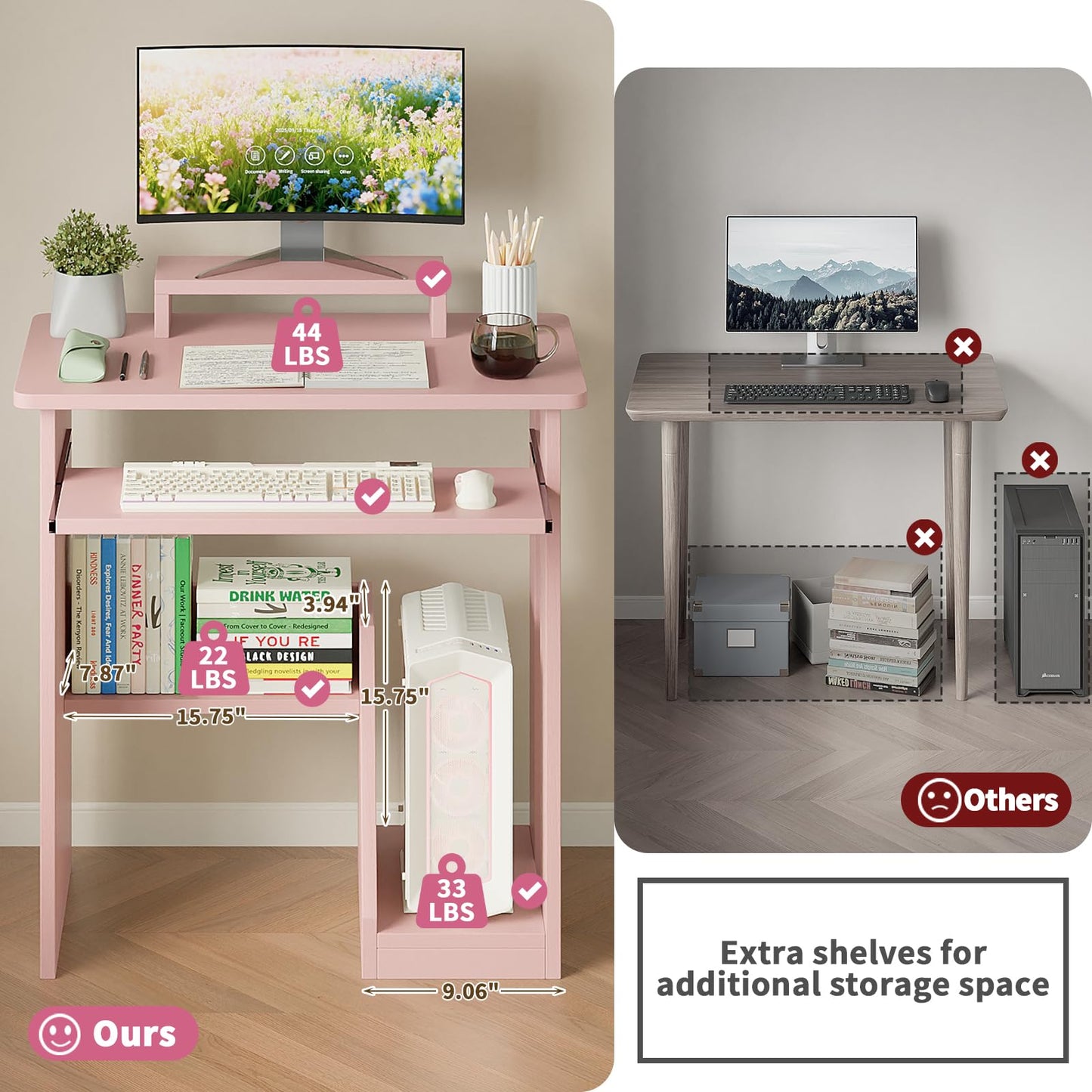 ALISENED 30" Small Computer Desk with Keyboard Tray Monitor Stand, Study Writing Desk with Storage Shelves, Modern Workstation for Small Spaces, Save Space, Pink