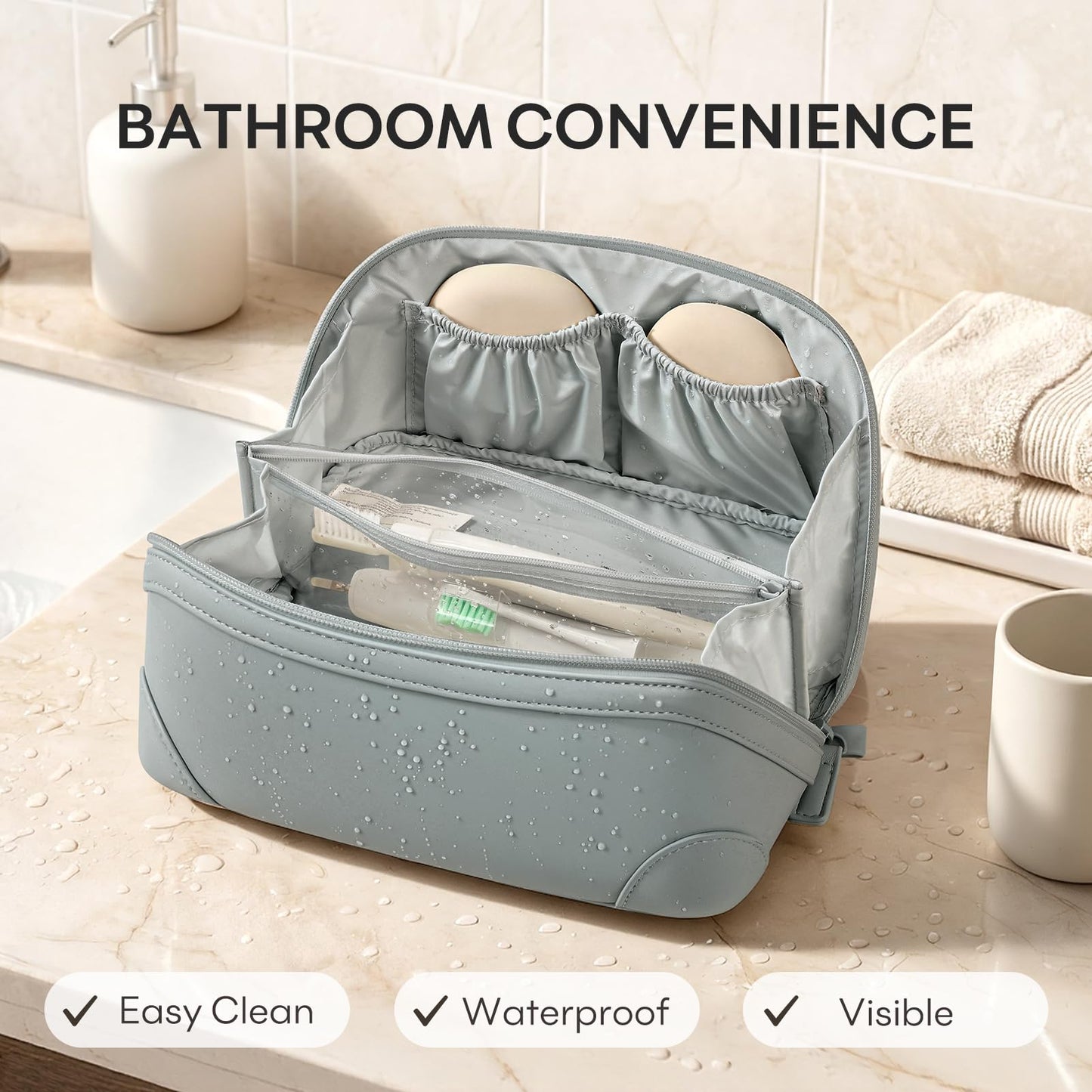 mibasies Travel Makeup Bag for Women, Large Capacity Waterproof PU Leather Flat Open Cosmetic Bag, Portable Toiletry Bag for Business Trip & Daily Use