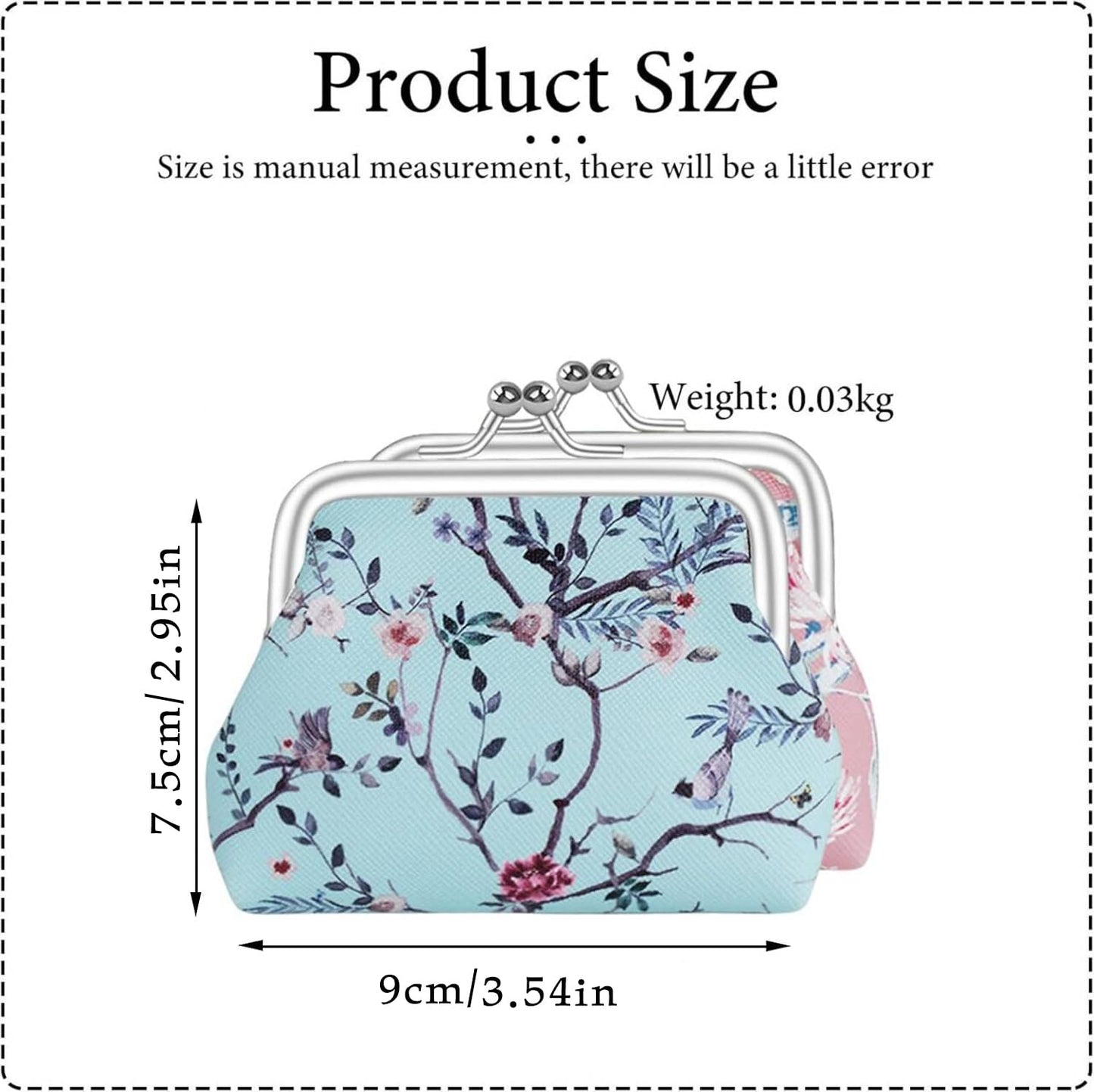 FuninCrea 2 Pcs Faux Leather Coin Purse for Women with Kiss Lock, Floral Pattern Change and Coin Wallet Double Clasp Closure Mini Wallet for Cash Key (Blue+Dark Pink)