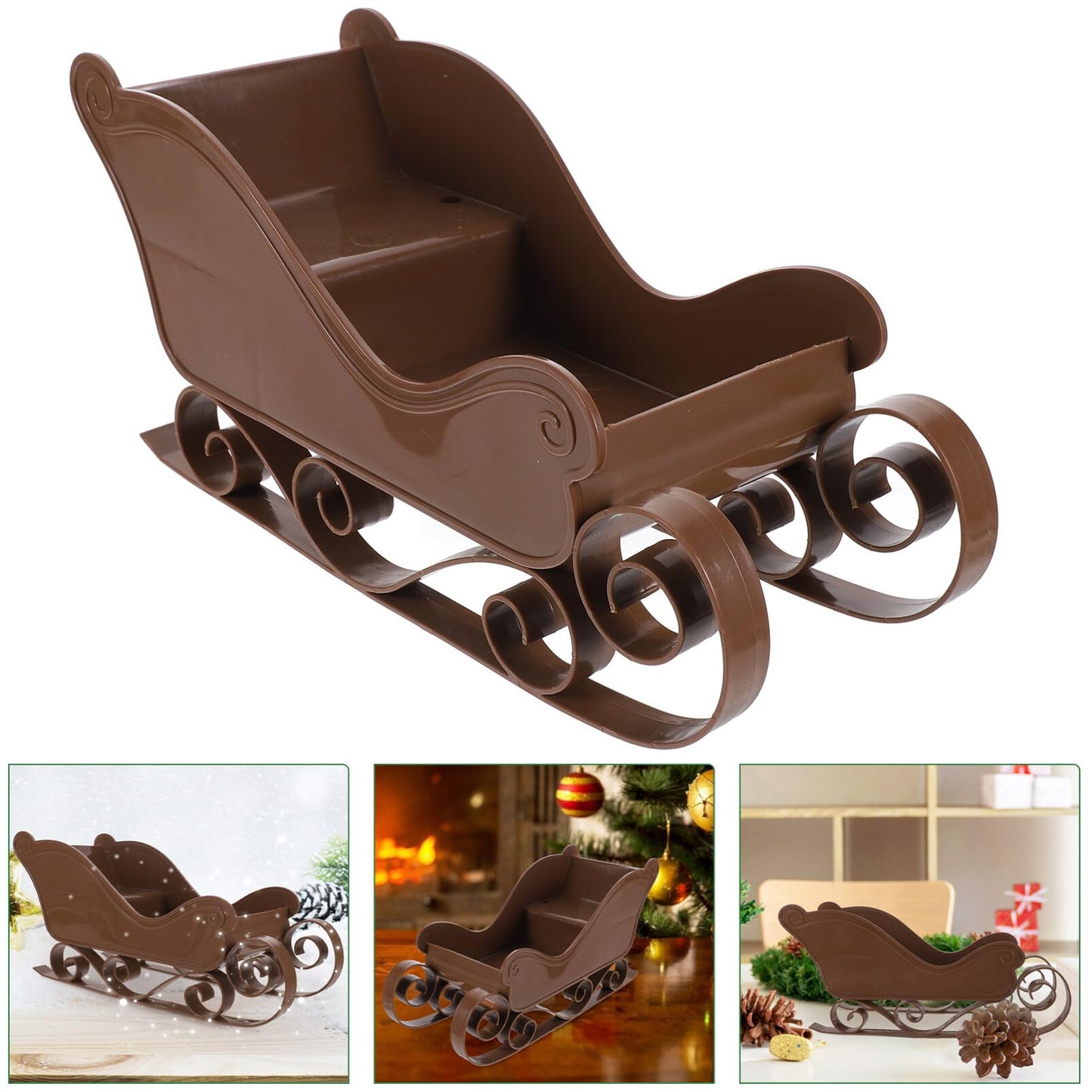 ARTIBETTER Christmas Santa Sleigh Red Candy Dish Bowl Server Prop Container Basket Succulent Planter Desktop Sled Figurine for Holiday Centerpiece Xmas Winter Decor Brown